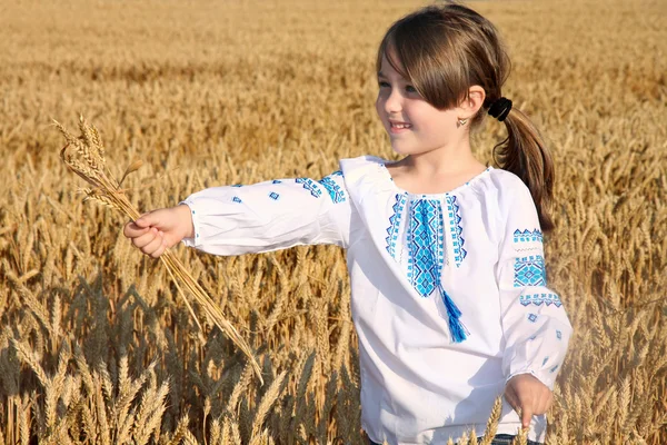 Small rural girl on wheat field — Stock Photo, Image