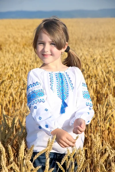 Pequena menina rural no campo de trigo — Fotografia de Stock