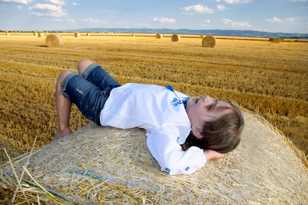 Niña rural pequeña en la paja después del campo de cosecha con paja bal — Foto de Stock