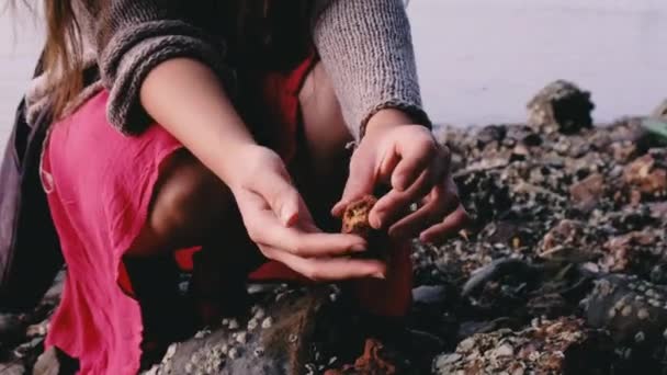 Menina Senta Uma Praia Pedra Levantando Seixos Examina Los Goa — Vídeo de Stock