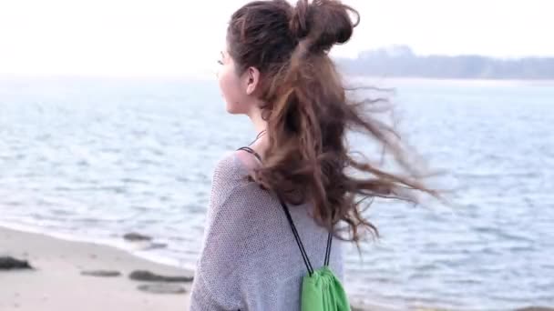 Young Woman Standing Side Lake Hair Blowing Wind — Stock Video