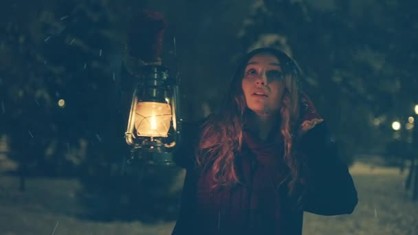 Junges Mädchen Mit Laterne Winterwald Märchen Buchumschlag Weihnachten — Stockvideo