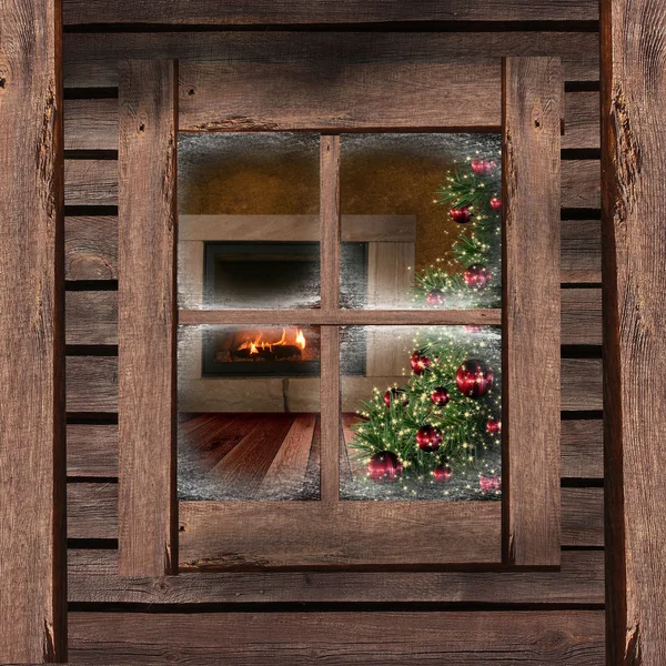 Luces de Navidad vistas a través de una ventana de madera — Foto de Stock