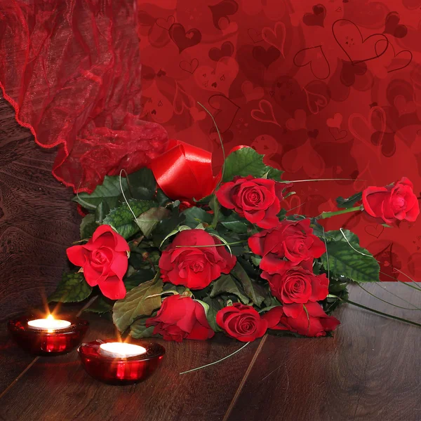 Red background of valentine roses — Stock Photo, Image