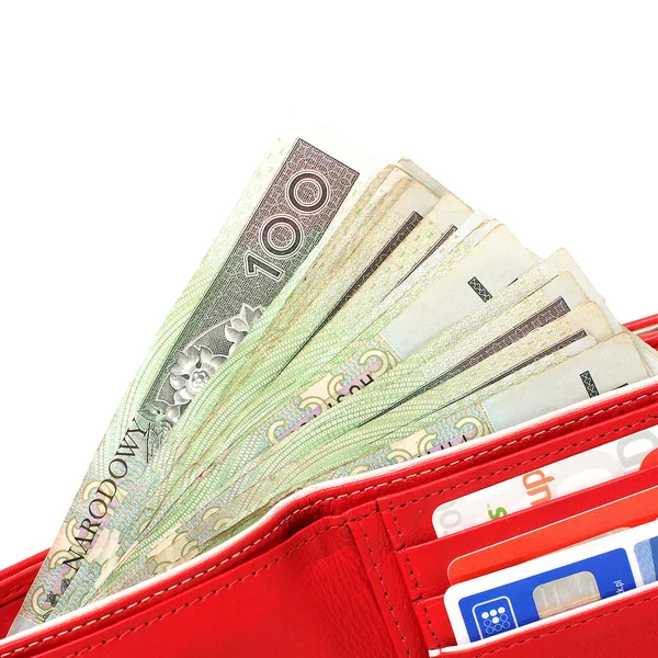 Κόκκινο Δερμάτινο πορτοφόλι closeup με χρήματα που απομονώνονται σε λευκό φόντο — Φωτογραφία Αρχείου