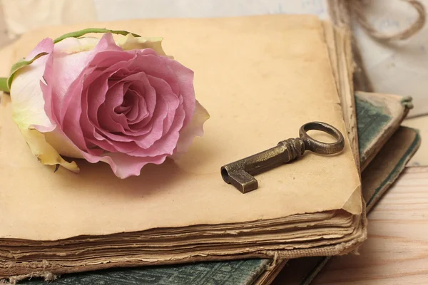 Pink rose on an old book (vintage) — Stock Photo, Image
