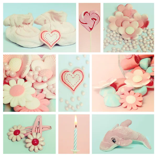 Collage mit Süßigkeiten und Dekoration für Baby — Stockfoto