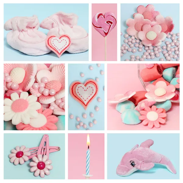 Collage met snoep en decoratie voor baby — Stockfoto