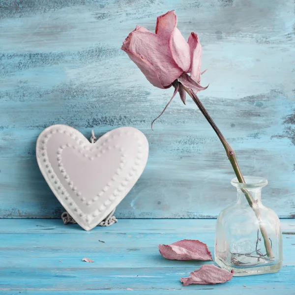 Linda rosa e maçã no fundo azul romântico — Fotografia de Stock