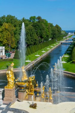 Peterhof, Rusya-30 Ağustos 2021: Büyük Şelale Deniz Kanalı, Aşağı Park, Peterhof, Saint Petersburg, Russi