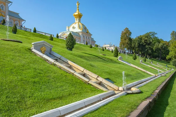 Peterhof Russie Août 2021 Vue Des Fontaines Terrasse Ouest Parc — Photo