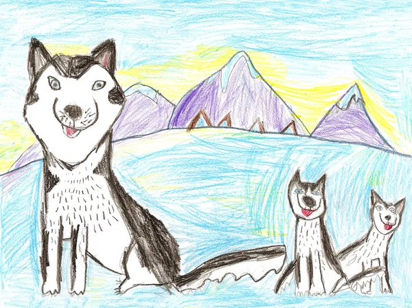 Husky dog. Kid drawing. — Stock Photo, Image