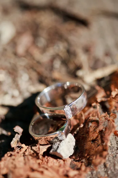 Anéis de casamento na mesa — Fotografia de Stock