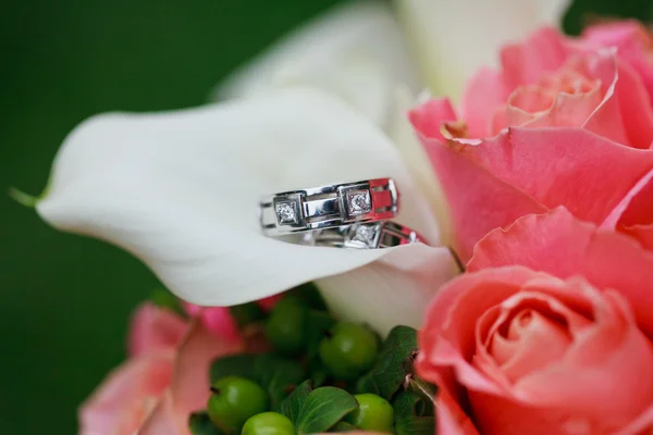 Wedding rings on the flowers — Stock Photo, Image