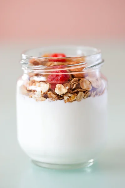 Yogurt delizioso e sano con muesli — Foto Stock