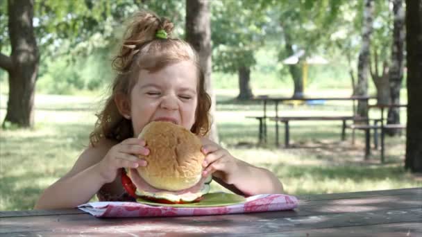 Little girl eat big sandwich — Stock Video