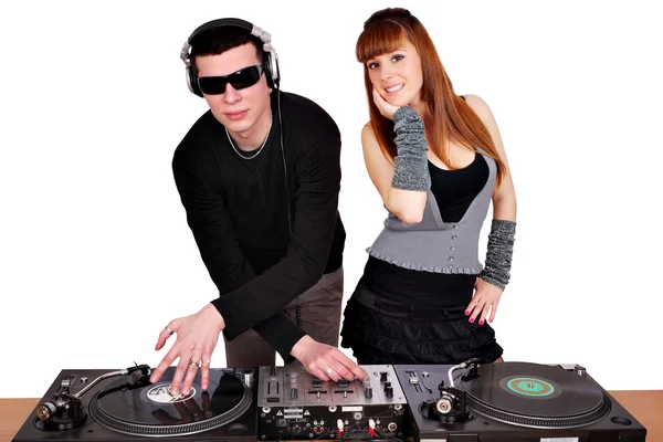 Dj con gafas de sol y hermosa chica — Foto de Stock