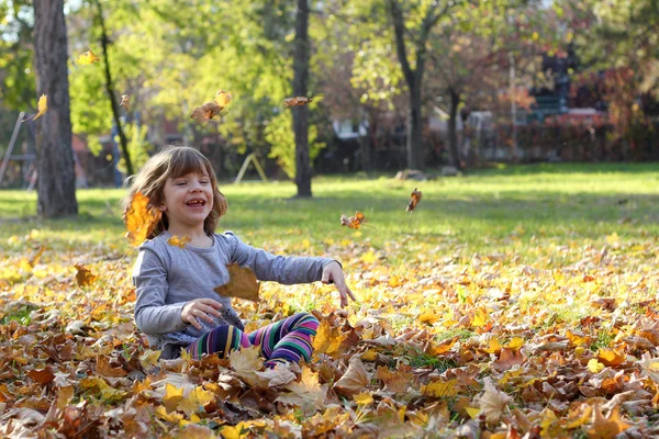 Bonne petite fille jette feuilles d'automne — Photo