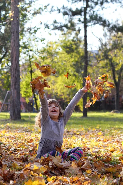 Happy little girl throws leaves — Stock Photo, Image