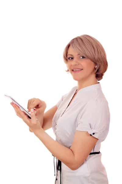 태블릿 pc와 아름 다운 여자 — 스톡 사진