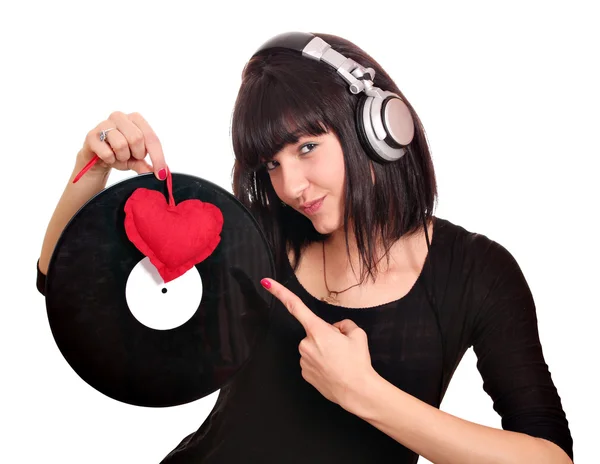 Belle fille dj avec lp et coeur — Photo