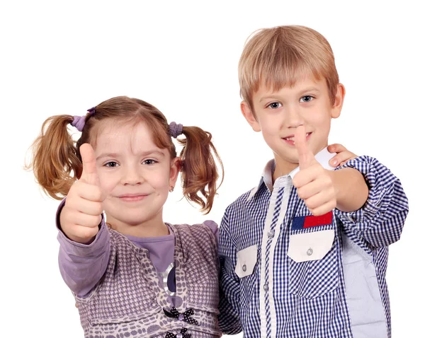 快乐的小小的女孩和男孩与拇指向上 — 图库照片