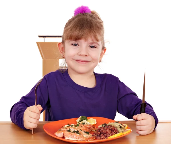 Menina feliz saudável comer — Fotografia de Stock