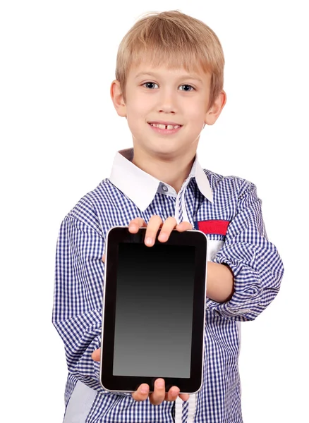 Niño feliz celebración de la tableta pc — Foto de Stock