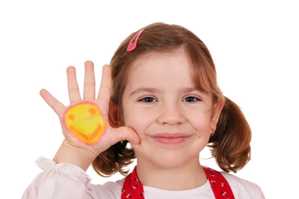 Happy little girl with smiley on hand portrait — Stock Photo, Image