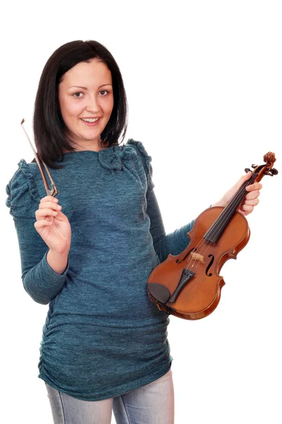 Bela adolescente com violino no branco — Fotografia de Stock