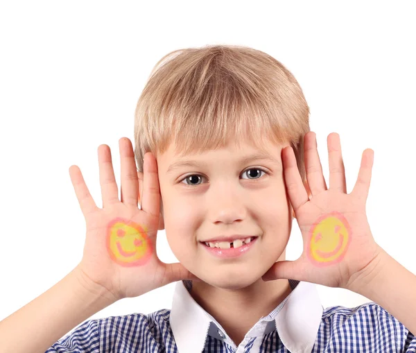 Glad pojke med smiley på händerna porträtt — Stockfoto