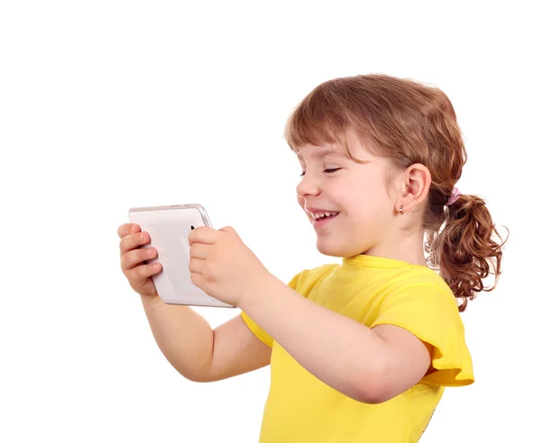 Felice bambina con tablet pc su bianco — Foto Stock