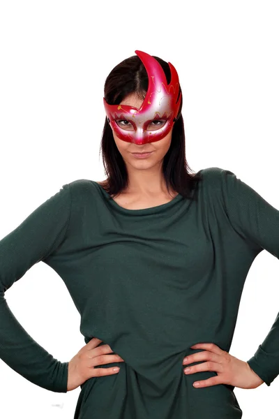 Mädchen mit Maske auf Weiß — Stockfoto