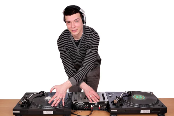 Dj with turntables on white — Stock Photo, Image