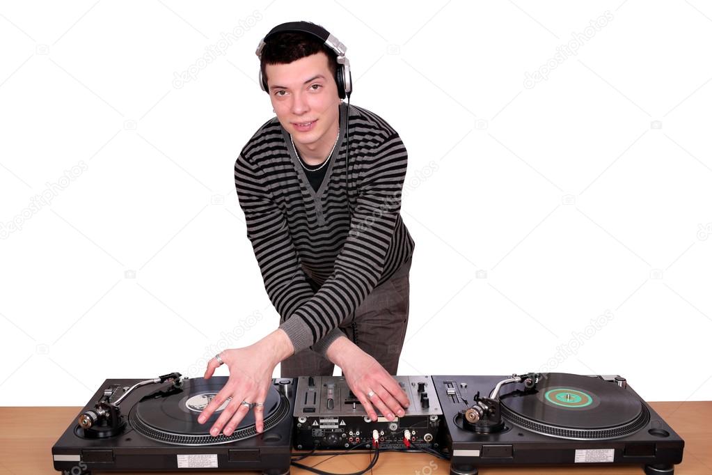 dj with turntables on white