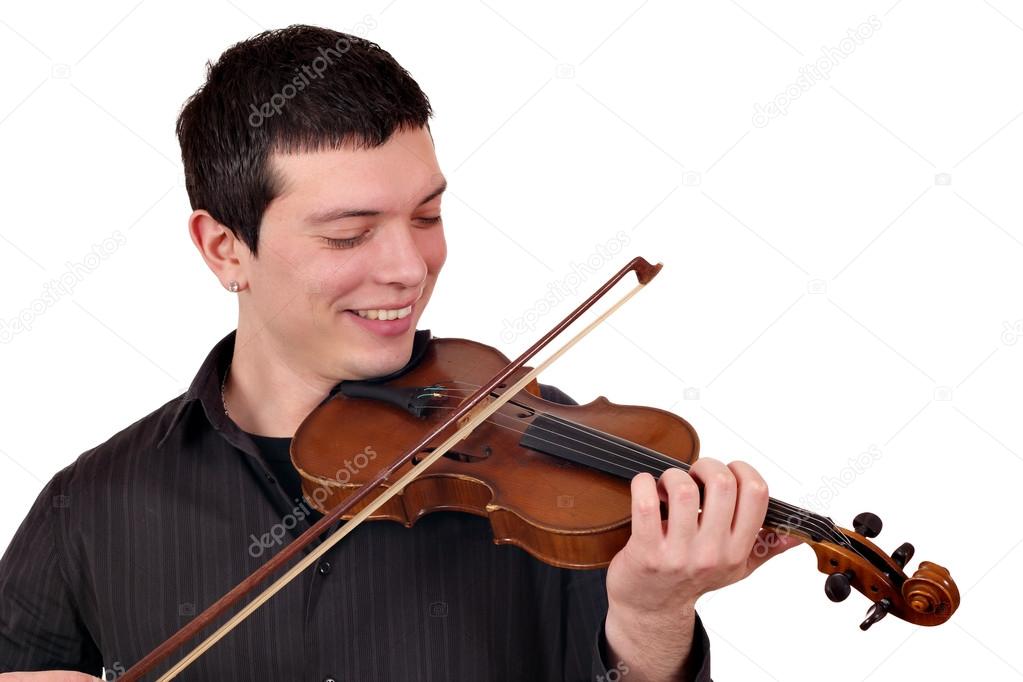 young man play violin on white