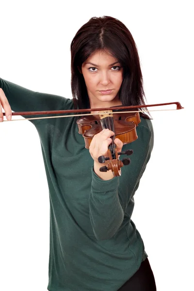 Mooi meisje speelt viool portret op witte achtergrond — Stockfoto