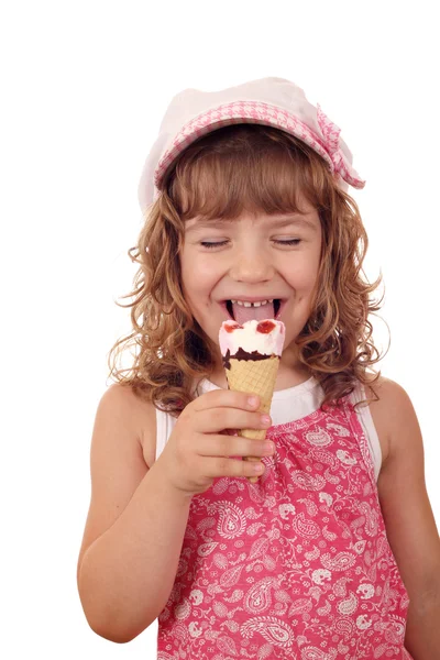 Happy little girl eat ice cream on white — Stock Photo, Image