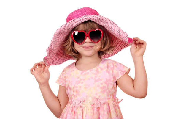 Beautiful little girl with sunglasses and big hat — Stock Photo, Image