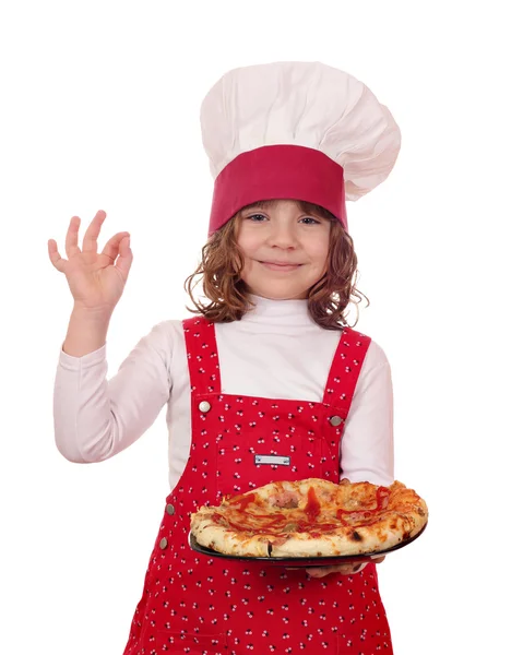 Beautiful little girl cook with pizza — Stock Photo, Image