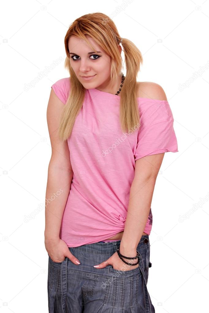 beautiful teenage girl posing on white background