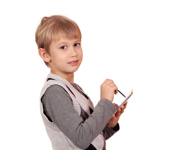 Pojke med TabletPC poserar på vit — Stockfoto