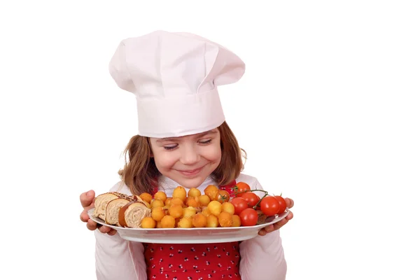 Petite fille cuisinier odeur nourriture gastronomique — Photo