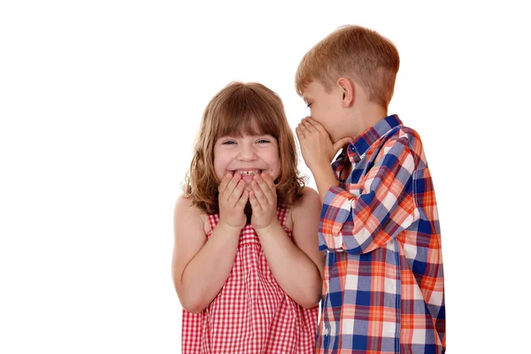 Junge flüsterte kleine Mädchen lustige Geschichte zu — Stockfoto