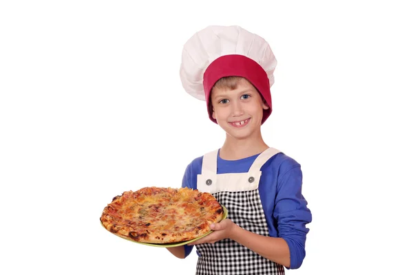 Happy boy chef with pizza — Stock Photo, Image