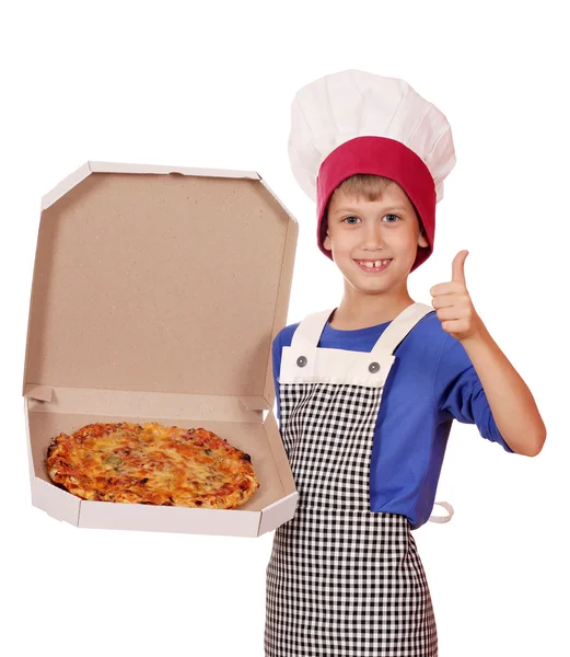 Menino feliz chef hold box com pizza — Fotografia de Stock