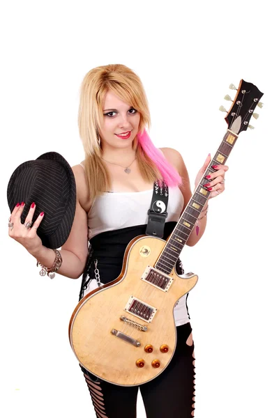 Girl with hat and electric guitar — Stock Photo, Image