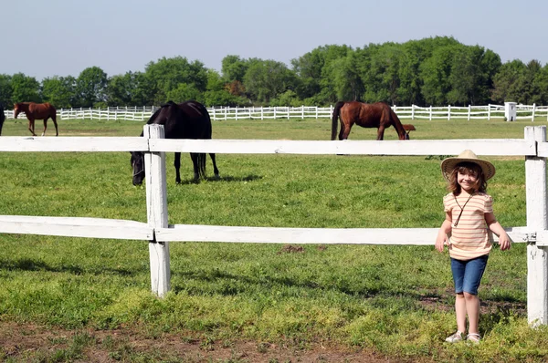 Kleines Mädchen mit Pferden auf Bauernhof — Stockfoto