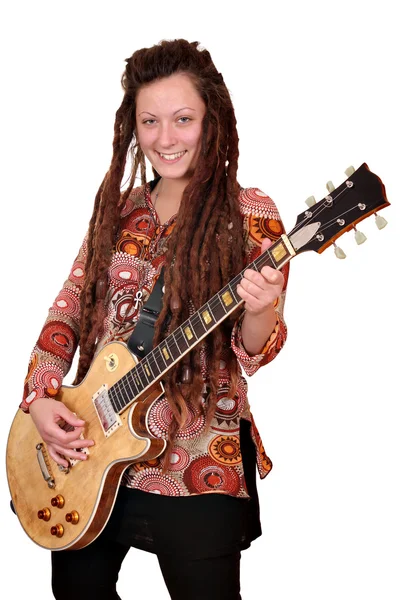 Happy girl with dreadlocks play electric guitar — Stock Photo, Image