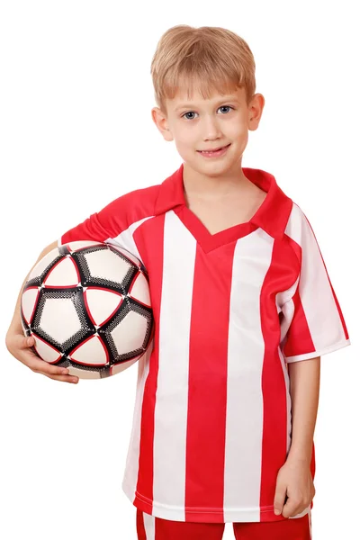 Ragazzo tenere palla da calcio su sfondo bianco — Foto Stock